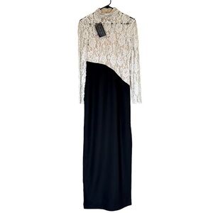 NWT Vintage formal maxi dress lace sleeve sequin pearl beads black ivory 4-6